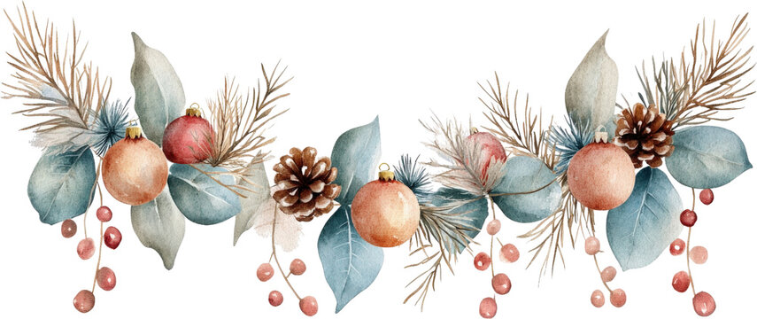 Watercolor Christmas garland with pine cones berries ornaments and eucalyptus leaves transparent background
