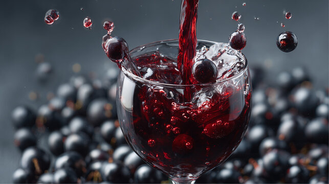 Pouring red liquid into a clear glass, surrounded by dark berries. The liquid splashes, creating a dynamic and visually appealing scene.