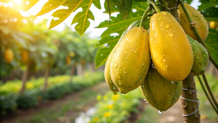 Ripe Papaya on tree with water drop in garden, Papaya hanging on tree in natural warm sunlight background