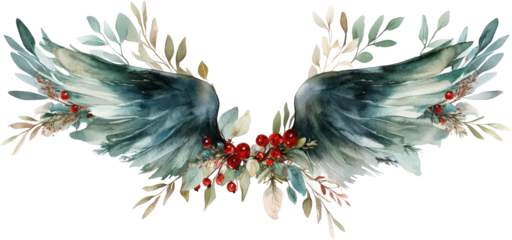 Watercolor angel wings with foliage and red berries isolate christmas winter
