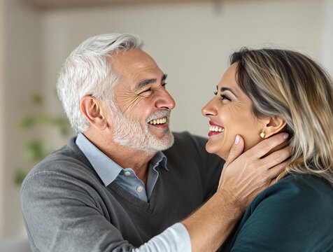 Hombre hispano mayor y mujer adulta mir&aacute;ndose a los ojos y sonriendo con ternura