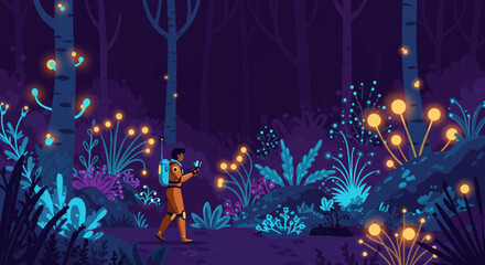 Astronaut Exploring Bioluminescent Forest at Night