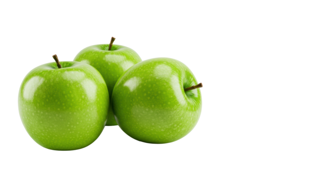 Three vibrant green Granny Smith apples with natural brown stems, flawlessly arranged in an arc on a pristine transparent studio background with soft lighting. Concept of healthy simplicity and - Powered by Adobe