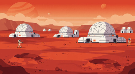 Astronauts explore Mars colony with domed habitats © Risqi