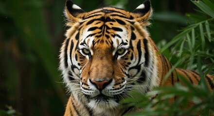 Fototapeta premium Close-up portrait of a majestic tiger staring intently from the green jungle foliage.