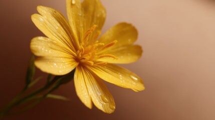 Obraz premium Close-up of a single yellow flower with water droplets on its petals. the flower is in focus, while the background is blurred, making the flower the focal point of the image.