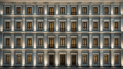 Symmetrical neoclassical building facade in monochrome. Neural network AI generated
