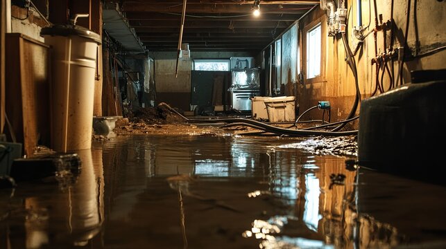 A basement with standing water and exposed electrical wires from flooding .