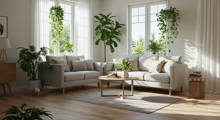 Serene modern living room flooded with natural light, featuring comfortable sofas, lush houseplants, and warm wooden accents for a peaceful ambiance