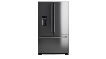 This large stainless steel refrigerator features French doors and a side water dispenser, ideal for modern kitchens