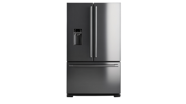This large stainless steel refrigerator features French doors and a side water dispenser, ideal for modern kitchens