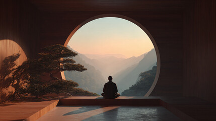 Zen Meditation Retreat: A solitary figure meditates within a minimalist space, framed by a circular window overlooking a serene mountain landscape.