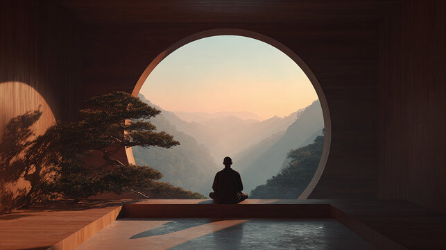 Zen Meditation Retreat: A solitary figure meditates within a minimalist space, framed by a circular window overlooking a serene mountain landscape.