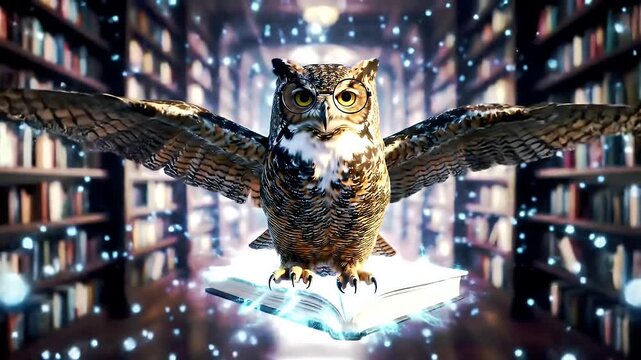 Owl Spreading Wings Above Glowing Book in Dark Library with Magical Particles