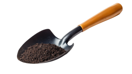 A metal shovel filled with rich black soil rests on a white surface, ideal for planting or garden preparation