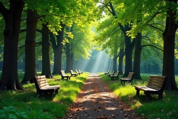 Serene Forest Park Tranquil Summer Scene with Dappled Sunlight and Park Benches