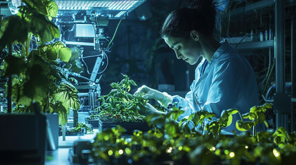 A scientist working in a lab garden, face on camera surrounded by futuristic plants and glowing equipment.