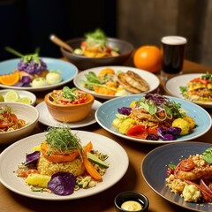 Assorted Colorful Dishes with Rice Pasta and Vegetables on a Wooden Table