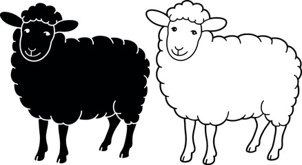 A black sheep and a white sheep standing side by side in a simple black and white illustration style