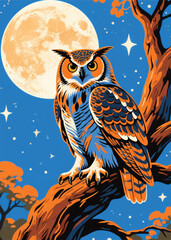 Obraz premium owl in the tree at night Illustrator Artwork design template poster