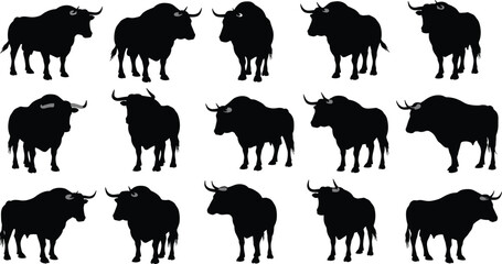 Powerful bull and bison silhouette vector collection, showcasing various standing and charging poses for agriculture, wildlife, and mascot design projects.