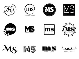 MS logo company template. Letter m and s logotype. Set different classic serif lettering and modern bold text with design elements. Initial font typography.