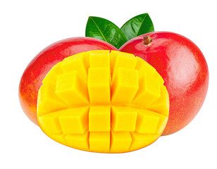Fresh ripe mangoes with one sliced in half isolated on transparent background