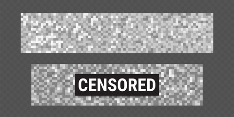 Gray censor bars with pixelated squares for hiding sensitive content. Black censored label over mosaic pattern blocks. Privacy protection elements for documents or images requiring redaction.