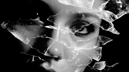 Black and white close-up of a person's face. the person's eyes are visible through a shattered glass window, creating a dramatic and eerie effect.