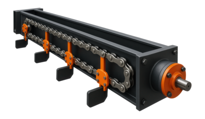 Scraper conveyor with a dual-chain system and detachable paddles for efficient ash removal in a power plant.