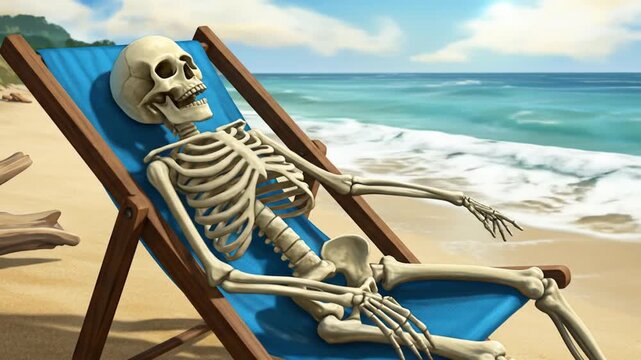 Beach chairs and umbrellas rest on the sand, skeleton waiting for a summer vacation by the sea