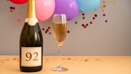 Champagne bottle and glass with number 92. Festive photo for birthday or anniversary party