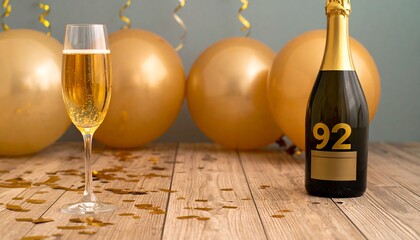 Champagne bottle and glass with number 92. Festive photo for birthday or anniversary party