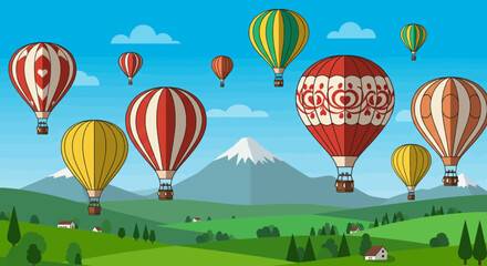 Obraz premium Colorful Hot Air Balloons Floating Over Scenic Landscape