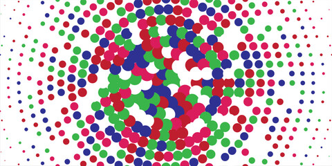 Colorful abstract dot pattern with red, green, blue, and pink circular shapes arranged in a spiral geometric design on a white background.