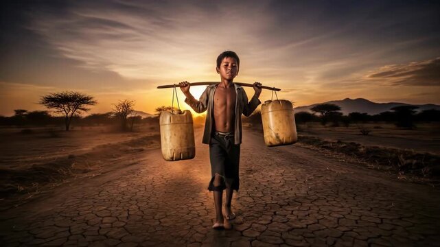 A young boy in a poor country carries a heavy load of water in two containers on a yoke across a dry and cracked landscape at sunset


