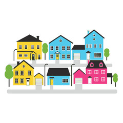 Colorful Row of Cartoon Houses and Trees