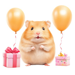 A cheerful hamster celebrates with balloons and gifts for a special occasion.