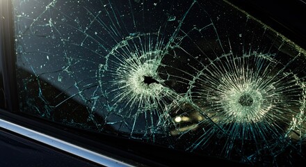 Shattered car window with cracks radiating from a central point, conveying damage, destruction, and impact with dangerous fragments