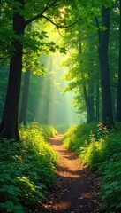 Obraz premium Sun-dappled forest path winds through lush greenery, sunlight filtering through leaves, creating a magical woodland scene Perfect for nature, travel, and environmental themes , rocks, path, peaceful