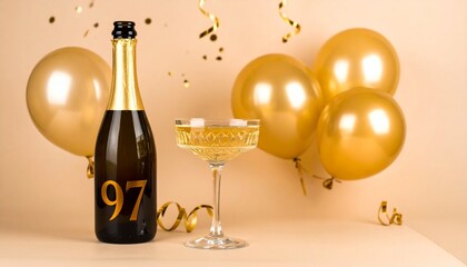 Champagne bottle and glass with number 97. Festive photo for birthday or anniversary party