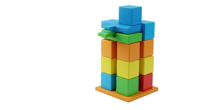 Precisely arranged, stable stack of vibrant, smooth geometric blocks (blue, green, yellow, orange, red) on transparent, soft studio light, concept of strategic growth