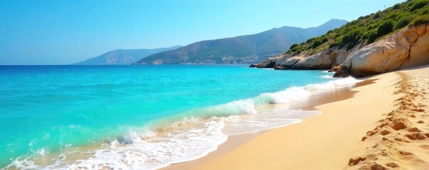 Sun-Drenched Greek Beach Turquoise Waters Lap Golden Sands, Ideal for Summer Travel & Tourism Promotion