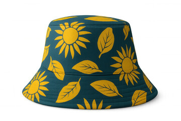 Sunny bucket hat with sunflower print, showcasing cheerful summer accessory against clean transparent backdrop