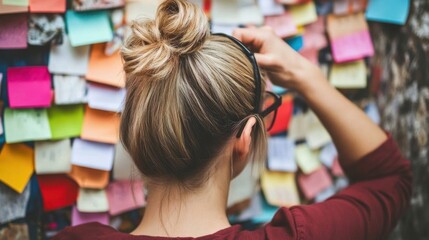 Fototapeta premium Woman with notes brainstorming ideas for planning or organization at work or home