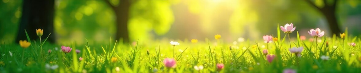 Fototapeta premium Sunlit Meadow in Spring Bloom Gentle Breeze, Rustling Flowers, Perfect for Relaxation and Spring Themes