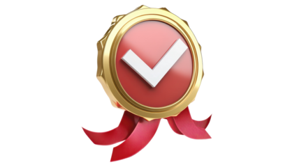 Gold medal adorned with a check mark and red ribbon representing accomplishment in a contest or competition setting