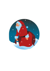 Santa Claus (Father Christmas) in snowy weather carries a sack of gifts