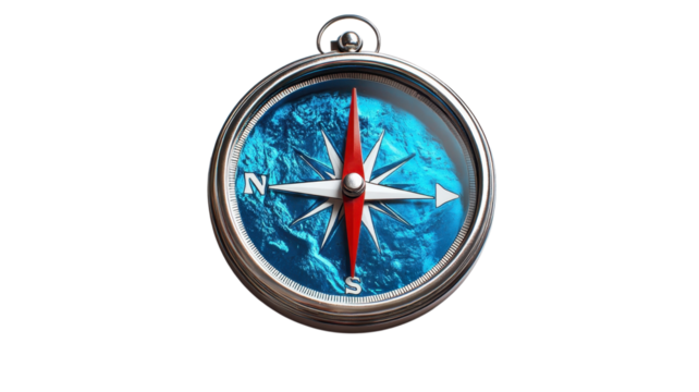 A detailed compass shows North and South over a vibrant blue ocean, emphasizing navigation and exploration