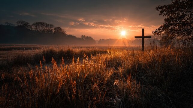 Sunrise illuminates a cross in a field of tall grass